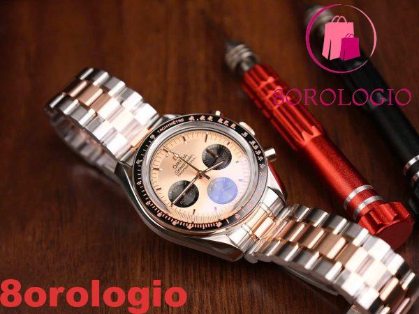 Omega Speedmaster Moonwatch Chronograph Bi-Tono Oro Rosa Quadrante Rosa Replica Svizzera 42mm Orologio - immagine 6