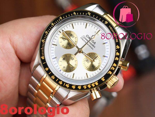 Omega Speedmaster Moonwatch Chronograph Bicolore Oro Giallo Quadrante Bianco Swiss Replica 42mm Orologio - immagine 6