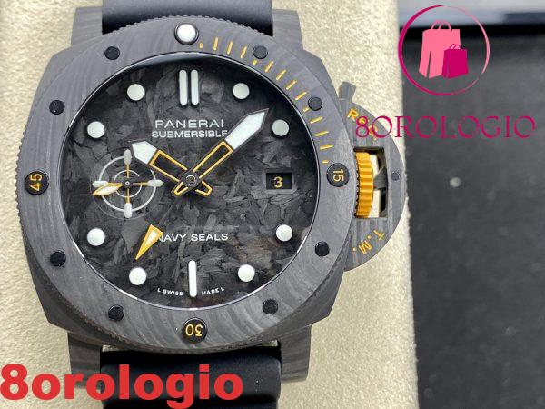 Panerai Submersible GMT Carbotech Navy Seals PAM 1324 Cinturino in Gomma Nero Carbonio Migliore Replica VSF 44mm Orologio - immagine 5