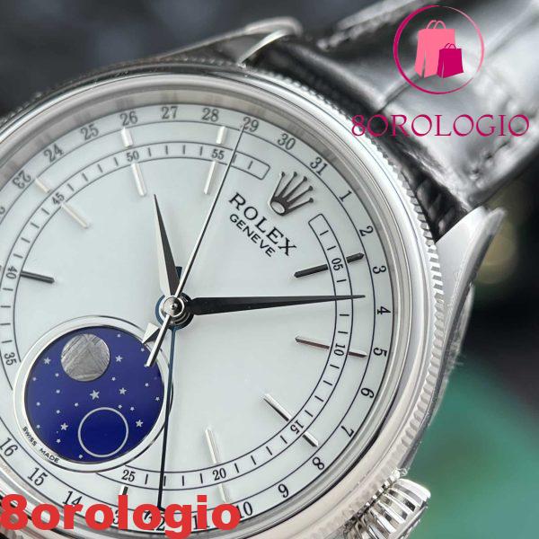 Replica Rolex Cellini Moonphase Oro Bianco Quadrante Bianco Pelle 39mm Orologio - immagine 5