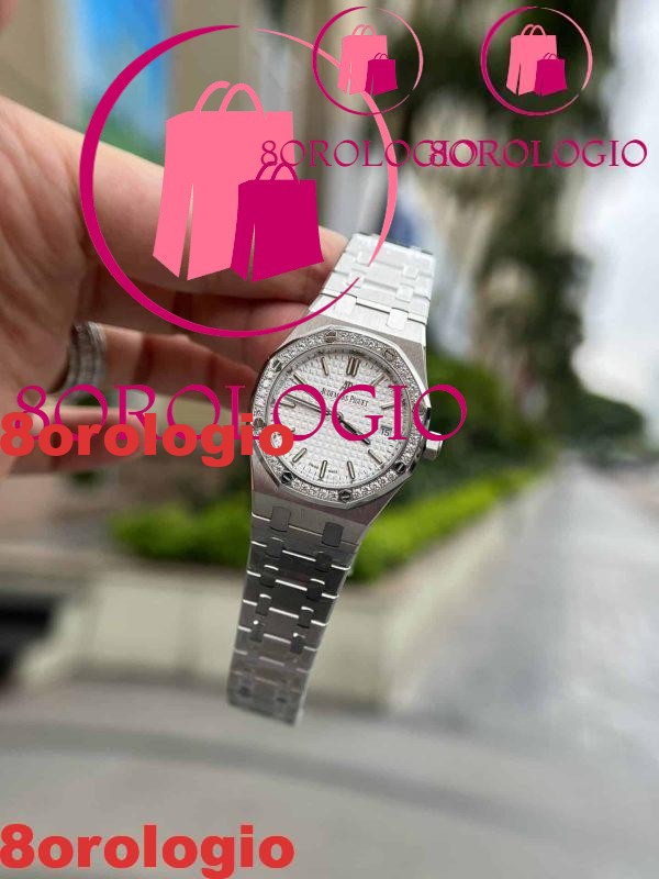 Replica Audemars Piguet Royal Oak Lady Quadrante Bianco Ghiera con Diamanti 34mm Orologio - immagine 5