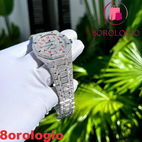 Audemars Piguet Royal Oak Replica Numeri Arabi Rossi Iced Out Moissanite Super Clone 41mm Orologio - immagine 7