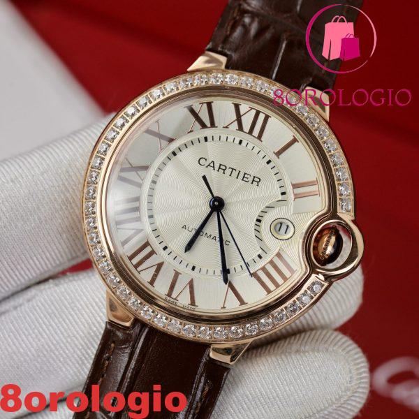 Cartier Ballon Bleu Oro Rosa Quadrante Bianco Ghiera di Diamanti Pelle Replica 42mm Orologio - immagine 8