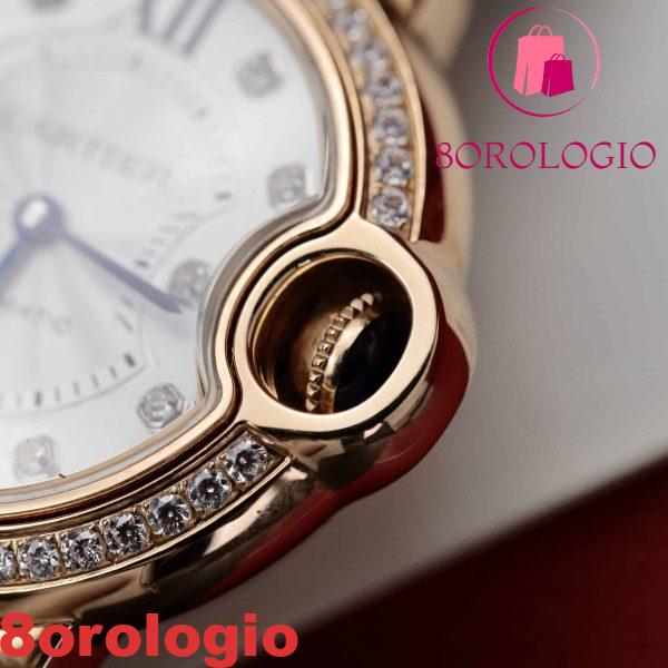 Cartier Ballon Bleu Oro Rosa Quadrante Bianco con Diamanti Ghiera con Diamanti Pelle Replica 36mm Orologio - immagine 6