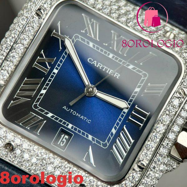 Cartier Santos Modello Grande Quadrante Blu Cassa Replica Moissanite Cinturino in Pelle 39.8mm Orologio - immagine 8