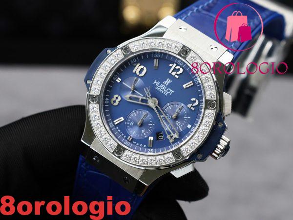 Hublot Big Bang Chronograph Acciaio Blu Custom Moissanite Bezel Replica 41mm Orologio - immagine 7