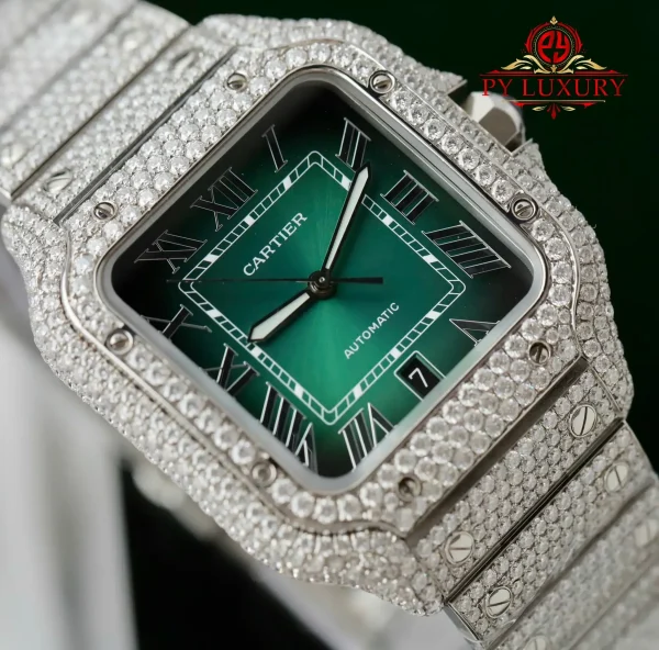 Cartier Santos Modello Grande Quadrante Verde Romano Iced Out Moissanite Migliore Replica 39.8mm Orologio - immagine 8