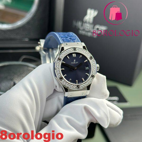 Hublot Classic Fusion Titanio Quadrante Blu CZ Pietre Ghiera Cinturino in Pelle Donna Replica 33mm Orologio - immagine 7