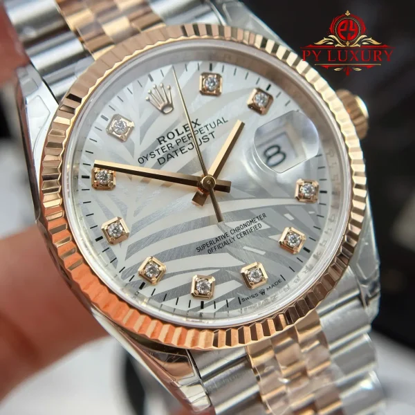 Replica Rolex Datejust 126231 Bicolore Oro Rosa Quadrante Motivo Palma Argento con Diamanti Bracciale Jubilee Migliore 1:1 36mm Orologio - immagine 10