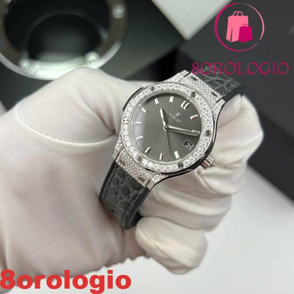 Hublot Classic Fusion Titanium Pavé Quadrante Grigio Moissanite Custom Pelle Migliore Replica 33mm Orologio - immagine 7