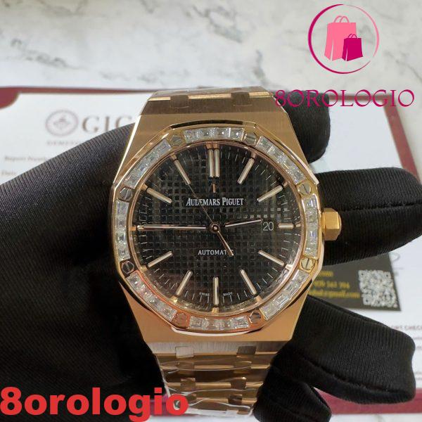 Replica Audemars Piguet Royal Oak 15400OR Quadrante Nero Personalizzato Baguette Moissanite Lunetta Placcato Oro 18K 1:1 Migliore Replica 41mm Orologio - immagine 12