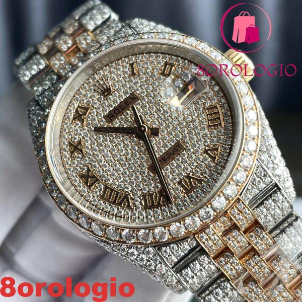 Rolex Datejust Two Tone 18K Gold Wrapped Quadrante Romano Iced Out Moissanite Migliore Replica 36mm Orologio - immagine 6