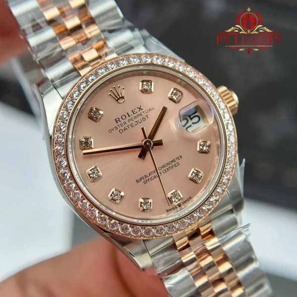 Replica Rolex Datejust 278381RBR Due Tono Oro Rosa Quadrante Color Rosa Lunetta con Pietre Bracciale Jubilee 1:1 Miglior Clone THB 31mm Orologio - immagine 8