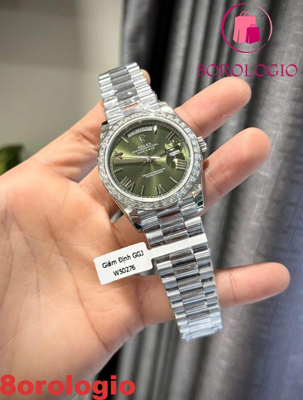 Rolex Day-Date 228239 Quadrante Verde Romano Custom Lunetta Baguette Moissanite GMF V3 Migliore Replica 40mm Orologio - immagine 6