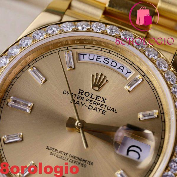 Rolex Day-Date 228348RBR 18K Yellow Gold Replica Quadrante Champagne Diamanti Baguette Lunetta Moissanite 173g GMF V3 40mm Orologio - immagine 8