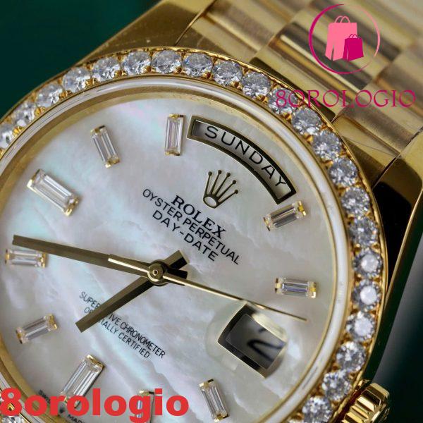 Rolex Day-Date 228348RBR-0046 Quadrante con Indici a Baguette in Moissanite MOP Oro Giallo 18K Replica 1:1 Lunetta in Moissanite GMF V3 40mm。 Orologio - immagine 9