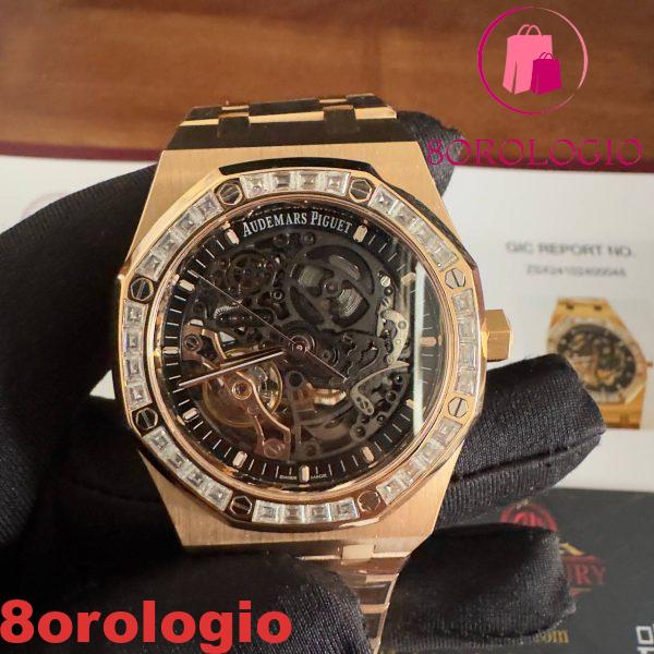 Audemars Piguet Royal Oak 15412OR Open Work Skeleton 18K Rose Gold con Baguette Moissanite Bezel Clone 1:1 Miglior Replica 41mm Orologio - immagine 9