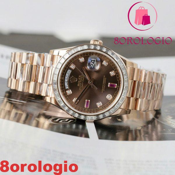 Replica Migliore Rolex Day-Date 36 Quadrante Cioccolato Diamanti e Rubini Oro Rosa 18K Incastonato con Moissanite a Baguette 36mm Orologio - immagine 9