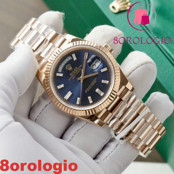 Rolex Day-Date 40 Quadrante Blu Baguette Oro Rosa 18K Wrapped Migliore Replica Q Factory 40mm Orologio - immagine 6
