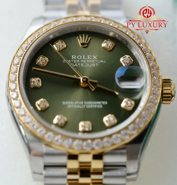 Replica migliore Rolex Datejust 278383RBR due toni oro giallo quadrante verde oliva lunetta con diamanti bracciale Jubilee THB 31mm Orologio - immagine 8