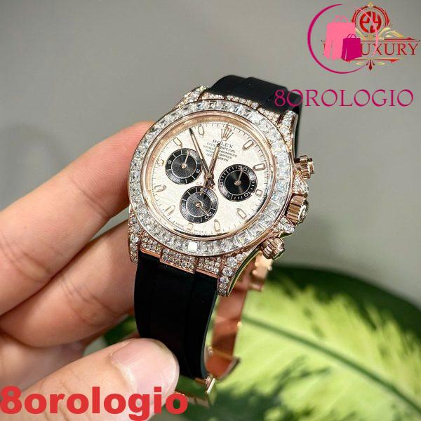 Rolex Daytona Quadrante Meteorite Placcato Oro 18K Custom Baguette Moissanite Cinturino in Gomma 40mm Replica Orologio - immagine 7