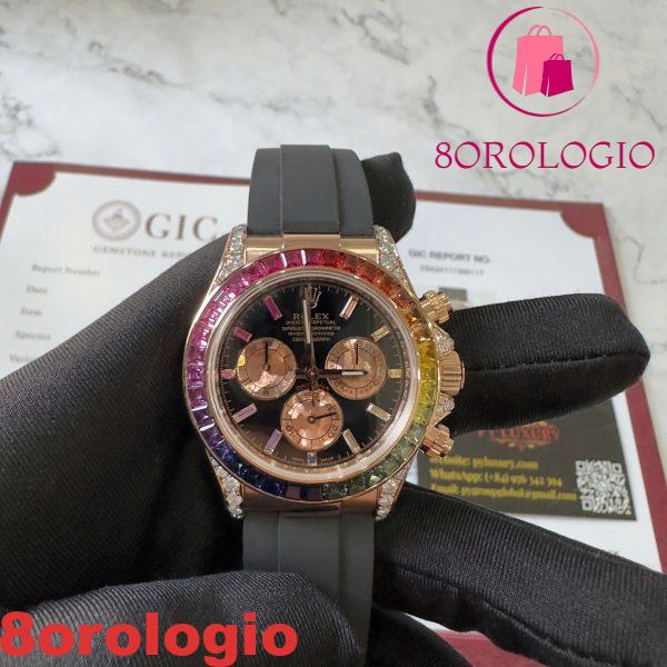Rolex Daytona Rainbow 18K Oro Rosa Replica Custom Moissanite & Zaffiro Sintetico Cinturino in Gomma Super Clone 40mm Orologio - immagine 13