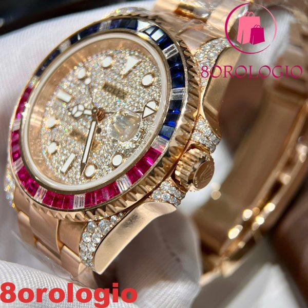 Rolex GMT-Master II 126755SARU Placcato in Oro 18K Quadrante Pavé in Moissanite Lunetta in Rubini e Zaffiri 40mm Replica Orologio - immagine 6