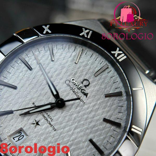Omega Constellation Quadrante Grigio Rodio Lunetta in Ceramica Nera Cinturino in Pelle Replica VSF 41mm Orologio - immagine 8