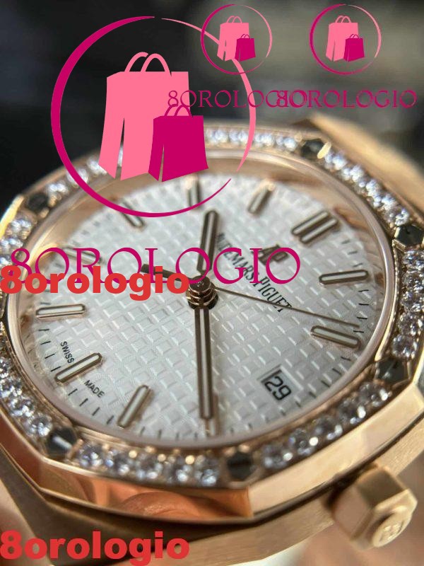 Replica Audemars Piguet Royal Oak 77351OR Oro Rosa Quadrante Bianco Lunetta con Diamanti 34mm Orologio - immagine 7