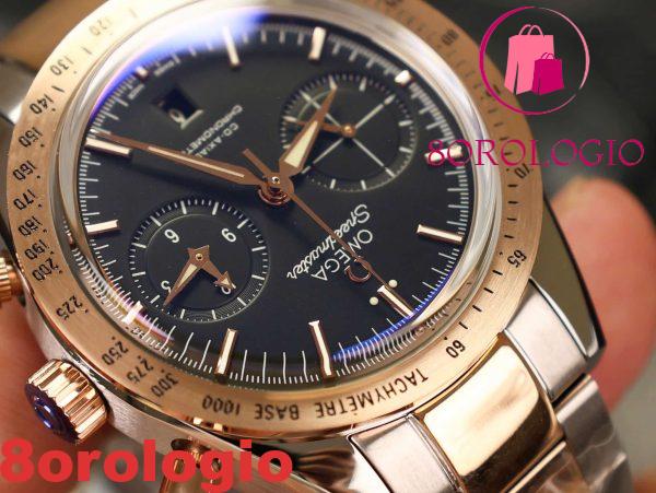 Omega Speedmaster 1957 Chronograph Due Toni Oro Rosa Quadrante Nero Replica 41,5mm Orologio - immagine 7