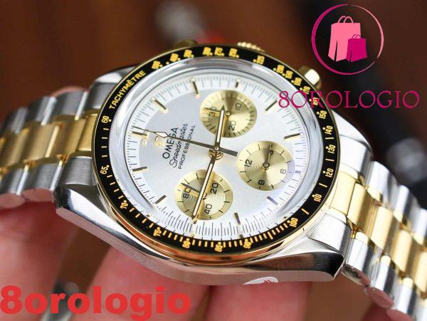 Omega Speedmaster Moonwatch Chronograph Bicolore Oro Giallo Quadrante Bianco Swiss Replica 42mm Orologio - immagine 7