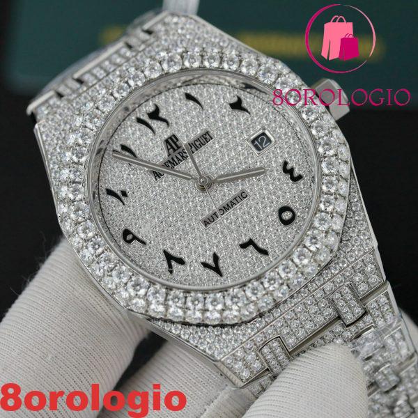 Replica Audemars Piguet Royal Oak Iced Out Moissanite Quadrante Arabo Super Clone 41mm Orologio - immagine 11