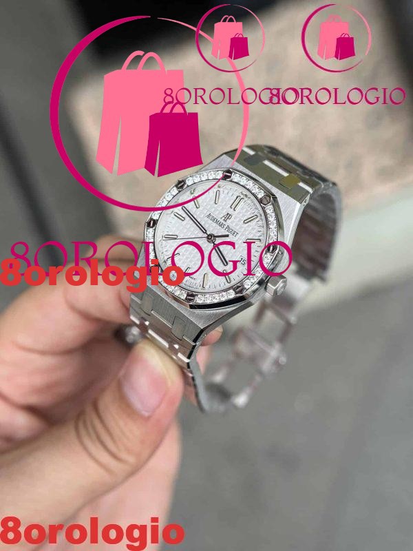 Replica Audemars Piguet Royal Oak Lady Quadrante Bianco Ghiera con Diamanti 34mm Orologio - immagine 6