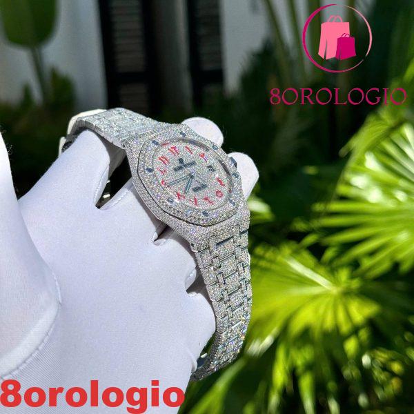 Audemars Piguet Royal Oak Replica Numeri Arabi Rossi Iced Out Moissanite Super Clone 41mm Orologio - immagine 8