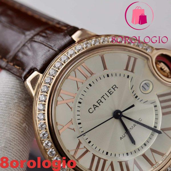 Cartier Ballon Bleu Oro Rosa Quadrante Bianco Ghiera di Diamanti Pelle Replica 42mm Orologio - immagine 9