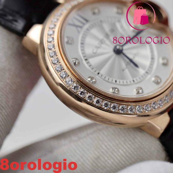 Cartier Ballon Bleu Oro Rosa Quadrante Bianco con Diamanti Ghiera con Diamanti Pelle Replica 36mm Orologio - immagine 7