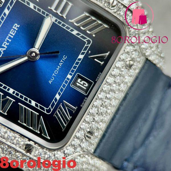 Cartier Santos Modello Grande Quadrante Blu Cassa Replica Moissanite Cinturino in Pelle 39.8mm Orologio - immagine 9