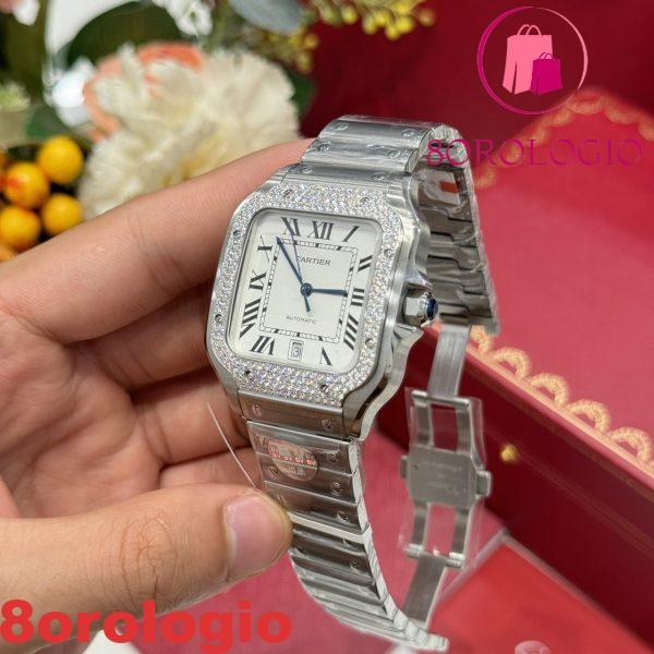 Cartier Santos Modello Grande Quadrante Bianco Customizzato con Ghiera in Moissanite Migliore Replica BVF 39.8mm Orologio - immagine 8