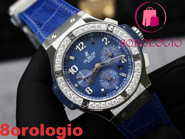 Hublot Big Bang Chronograph Acciaio Blu Custom Moissanite Bezel Replica 41mm Orologio - immagine 8
