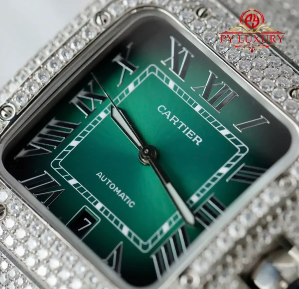 Cartier Santos Modello Grande Quadrante Verde Romano Iced Out Moissanite Migliore Replica 39.8mm Orologio - immagine 9