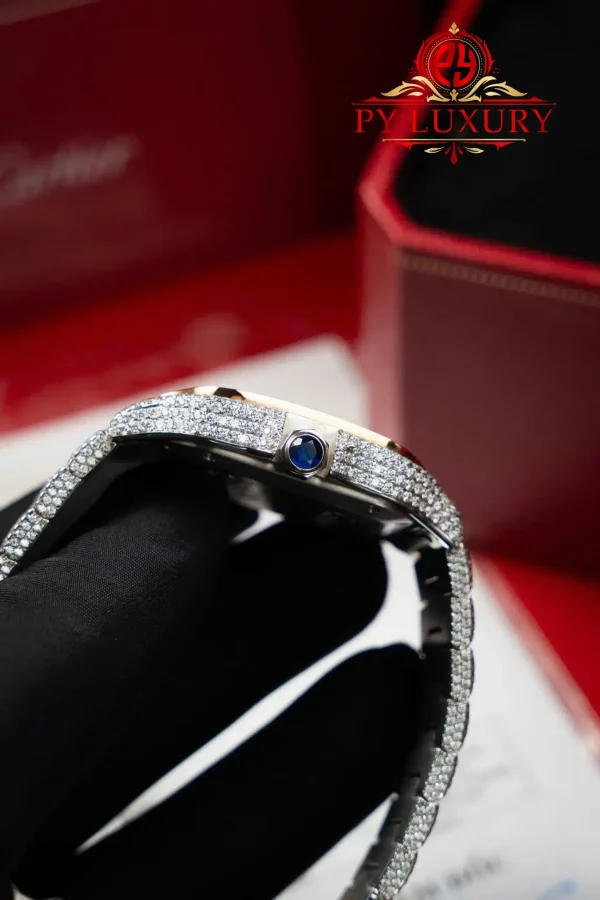 Cartier Santos Modello Medio Due Toni Oro Rosa Iced Out Moissanite 1:1 Migliore Replica 35.1mm Orologio - immagine 7