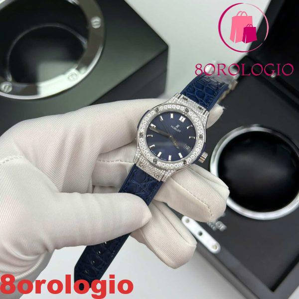 Hublot Classic Fusion Titanium Pavé Quadrante Blu Replica in Pelle Moissanite Personalizzato 33mm Orologio - immagine 7