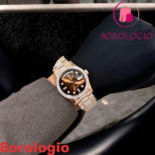 Rolex Day-Date 128345RBR Quadrante Marrone Ombré con Diamanti Oro 18K Avvolto Moissanite Personalizzato Replica 1:1 36mm Orologio - immagine 7
