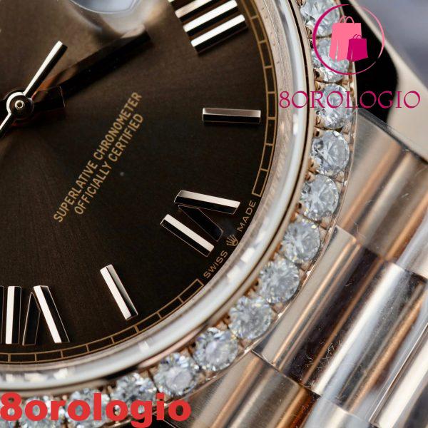 Rolex Day-Date 228345RBR-0009 Quadrante con Numeri Romani in Cioccolato Placcato in Oro 18k Replica GMF V3 40mm con Ghiera in Moissanite Orologio - immagine 8