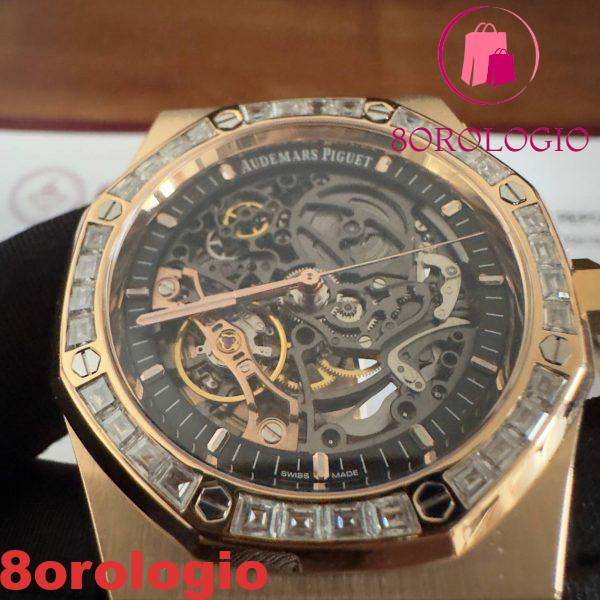 Audemars Piguet Royal Oak 15412OR Open Work Skeleton 18K Rose Gold con Baguette Moissanite Bezel Clone 1:1 Miglior Replica 41mm Orologio - immagine 10