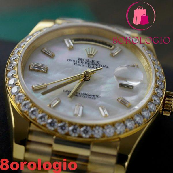 Rolex Day-Date 228348RBR-0046 Quadrante con Indici a Baguette in Moissanite MOP Oro Giallo 18K Replica 1:1 Lunetta in Moissanite GMF V3 40mm。 Orologio - immagine 10
