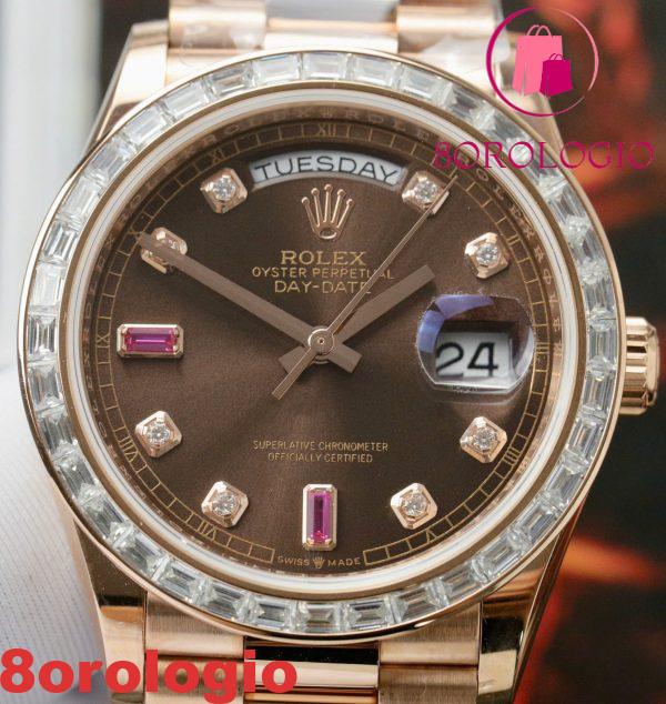 Replica Migliore Rolex Day-Date 36 Quadrante Cioccolato Diamanti e Rubini Oro Rosa 18K Incastonato con Moissanite a Baguette 36mm Orologio - immagine 10