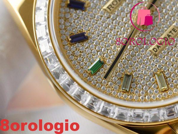 Rolex Day-Date 40 Quadrante Arcobaleno Rivestito di Diamanti Oro Giallo 18K con Ghiera in Moissanite Taglio Baguette Migliore Replica 40mm Orologio - immagine 8