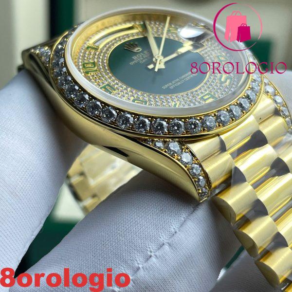 Replica del Rolex Day-Date 40 Quadrante Verde Tempestato di Diamanti Arabi Placcato Oro 18K Quadrante Personalizzato in Moissanite & Dial Miglior Replica 40mm Orologio - immagine 8