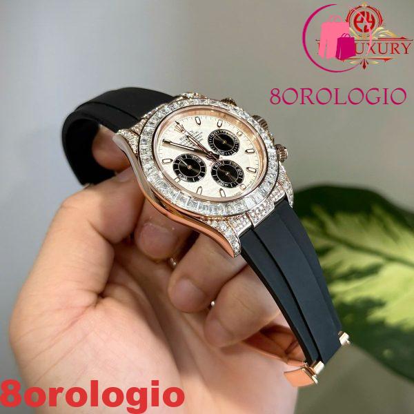 Rolex Daytona Quadrante Meteorite Placcato Oro 18K Custom Baguette Moissanite Cinturino in Gomma 40mm Replica Orologio - immagine 8